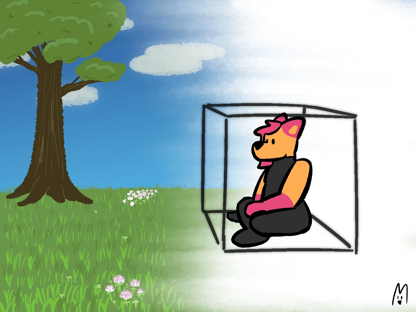 Moxie sits in a Box. Outside the Box is a grassy field, dotted with patches of clover. A single tree stands tall against the blue sky. Inside the Box is white.